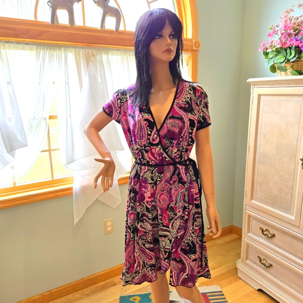 Apt. 9 Purple, Black, White Paisley Wrap Dress, Polyester/Spandex, XL